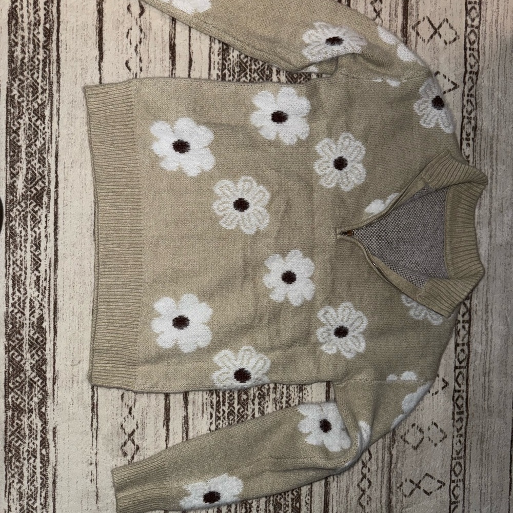 Beige Floral Half-Zip Sweater - Women's Cozy Pullover